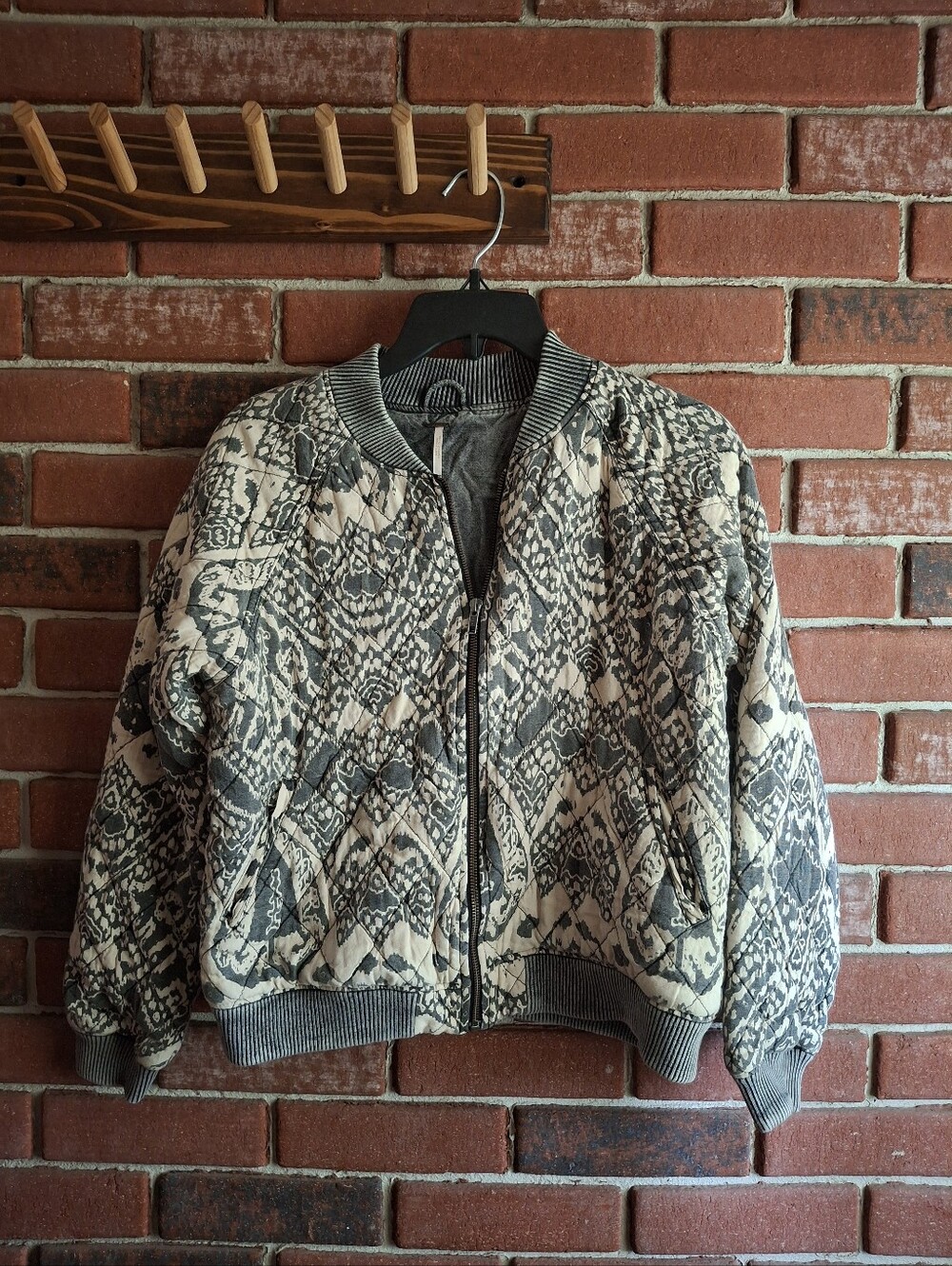 Free People Quilted Bomber Jacket in Gray and Cream